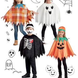 May include: Sewing pattern for four Halloween costumes: a scarecrow, a ghost, a skeleton, and a pumpkin. The pattern includes instructions for making the costumes, as well as the hats and accessories.