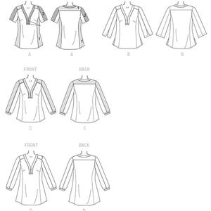 May include: Line drawings of four different blouse styles, front and back views. Each blouse features a V-neck and varying sleeve lengths, from short to long. The designs include details like shoulder accents and a slightly flared hem.