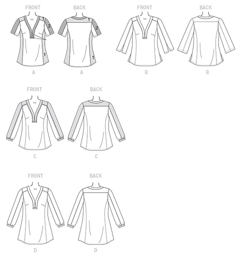 May include: Line drawings of four different blouse styles, front and back views. Each blouse features a V-neck and varying sleeve lengths, from short to long. The designs include details like shoulder accents and a slightly flared hem.