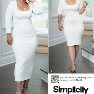 May include: A white, long-sleeve dress with a square neckline. The dress is form-fitting and reaches the mid-calf. The image includes a QR code and the Simplicity logo. The listing is for a sewing pattern.