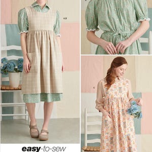 May include: Image of sewing patterns for dresses. The patterns include a beige plaid apron dress, a green floral dress, and a peach dress with a repeating pattern. The text "easy-to-sew" is visible, along with the text "Listing is for sewing pattern only."