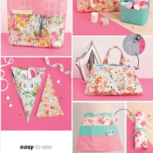 May include: A collection of sewing projects, including a tote bag, storage baskets, and a triangular scissor case. The items feature floral patterns and are displayed on a pink background. The text "easy-to-sew" is visible.