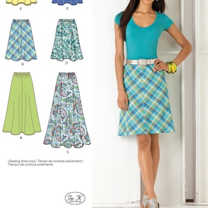 May include: A sewing pattern for a skirt with five different fabric options. The pattern includes a yellow, blue, green, plaid, and floral skirt. The pattern is for sewing only and does not include fabric.