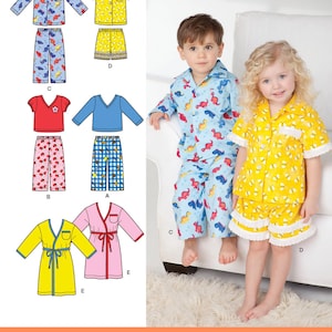May include: Sewing pattern for pajamas and a robe for children. The pattern includes a long-sleeved shirt, short-sleeved shirt, pants, shorts, and a robe. The pattern is available in a variety of colors and prints.