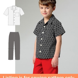 May include: Sewing pattern for a short-sleeved button-up shirt with a collar and a pair of pants. The shirt has a black and white geometric pattern. The pants are red.