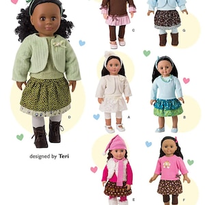 Puede incluir: Patrón de costura para ropa de muñeca de 45,7 cm. El patrón incluye seis atuendos diferentes: una chaqueta y falda verdes, una chaqueta y falda blancas, una chaqueta y falda azules, un suéter y falda marrones, un suéter y falda azules, y un suéter y falda rosas. El patrón está diseñado por Teri.