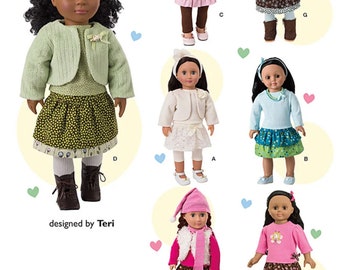 May include: Sewing pattern for 18 inch doll clothes. The pattern includes six different outfits: a green jacket and skirt, a white jacket and skirt, a blue jacket and skirt, a brown sweater and skirt, a blue sweater and skirt, and a pink sweater and skirt. The pattern is designed by Teri.