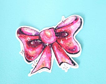 Sparkly Girly Sticker | Holographic Pink Bow Design | Laminated Decals