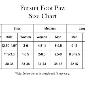 The image is a size chart for Fursuit Foot Paw footwear, providing size recommendations for different categories such as kids, women, men, and women.