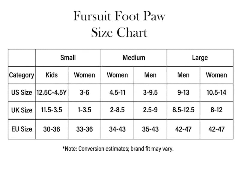 The image is a size chart for Fursuit Foot Paw footwear, providing size recommendations for different categories such as kids, women, men, and women.