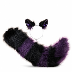 Black & Purple Striped Ears and Tail Set, Star Accents Posable Faux Fur Cosplay, Realistic Faux Fur Therian Gear for Halloween