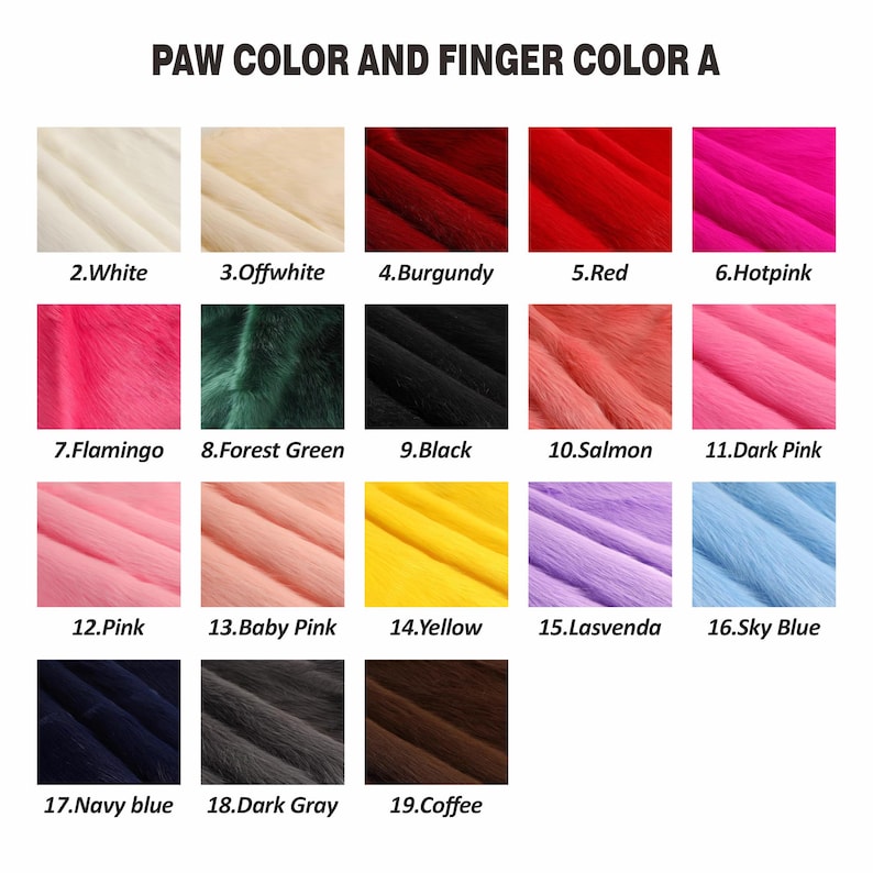 May include: Image displaying a color chart labeled "PAW COLOR AND FINGER COLOR A." The chart features 19 color swatches, including white, off-white, burgundy, red, hot pink, flamingo, forest green, black, salmon, dark pink, pink, baby pink, yellow, lasvenda, sky blue, navy blue, dark gray, and coffee.