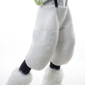 May include: White padded pants with a textured surface, black suspenders, and fluffy white leg warmers. The pants have a unique, rounded design. The outfit is likely part of a costume or performance wear.