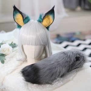 Smart gray black-hearted fox wolf lynx ears tail fursuit-Perfect for forest-themed parties & Halloween party accessories