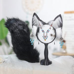 Black and White Fox Ears and Tail Set with glistening Jewelry - Perfect for Halloween Events Cosplay and Costume Parties