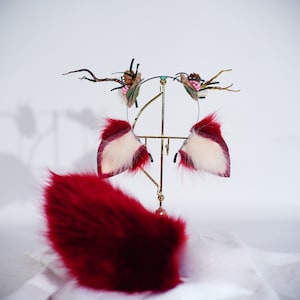 Burgundy deer ears and tail, Deer ears antlers and tail  , Antler Flower Headband, Animal Cosplay, Deer ears headband fawn ear and tail