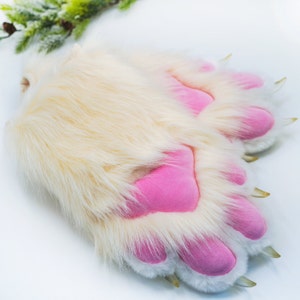 Off-white & Pink Fursuit Handpaws,Cat fursuit, Cat Claw,Custom Fursuit gloves,Handmade cat paws, cosplay paws,  faux fur paws with 4 finger