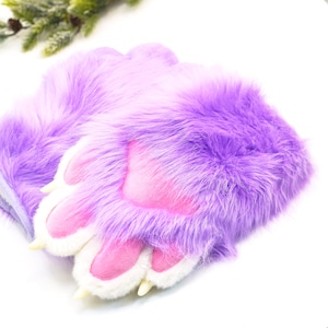 Lila Katzenpfoten,Fursuit Handschuhe, handgemachte Katzenpfoten, Cosplay Pfoten, Kunstfell Pfoten mit 4 weißen Finger,