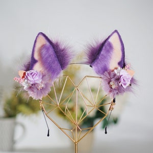 Floalral purple fox ears , purple cat,  fox ears, cat ears headband,kitten ear, furry animal ears, cosplay furry headband, uploader ears