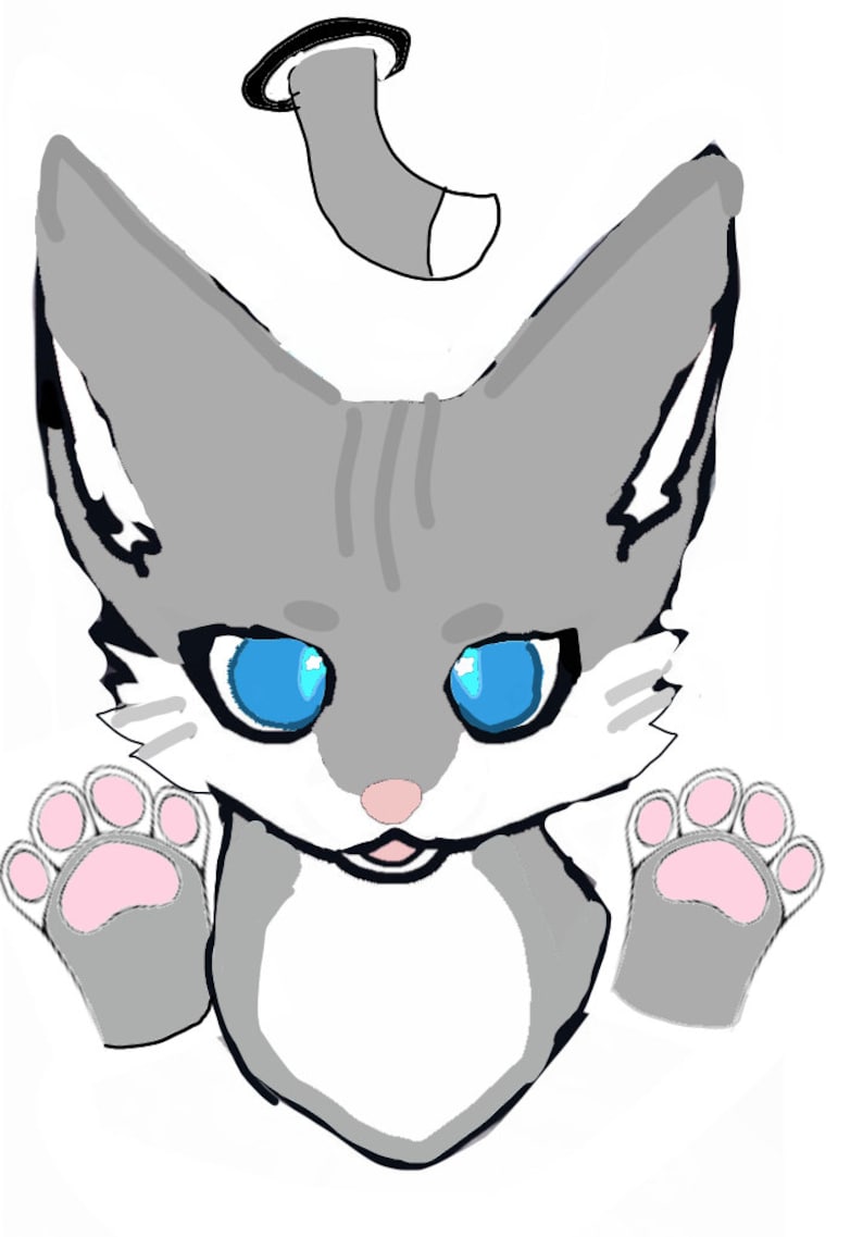 Pu&ograve; includere: Un'illustrazione di un gatto grigio e bianco con occhi azzurri e zampe rosa. Il gatto guarda direttamente lo spettatore con un'espressione giocosa.