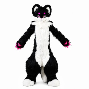 Complete fursuitset: zwarte en felroze Kemono Feline | 3D-geprinte hoofdbasis | Plantigrade cosplaykostuum voor Halloween en Anthrocon
