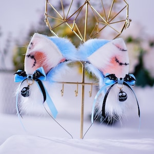 Blue and White Cat Ears | Halloween Cat Ears Headband for Cosplay, Furry Conventions, and Themed Parties | Soft Plush Cat Costume Ears
