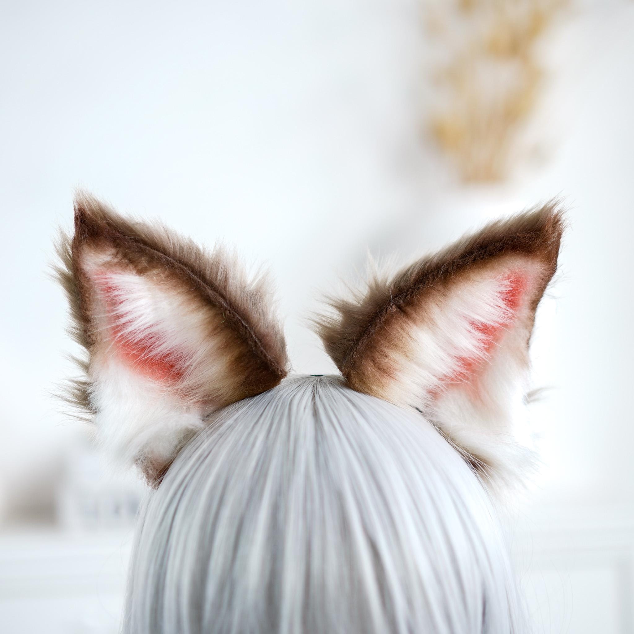 ? Adorable Super Soft Super Fuzzy Furry Pastel Cat Fox Ear Headband Headdress Faux Fur Cat Ears Headband: Brown & Pink Cosplay Anime Ears  main image 3