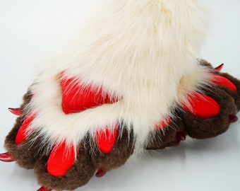 off white with brown fursuit paws, paws, punny paws, kemono, toony, custom paws, pet play, cream white paws with red paw pads, ktcatvintage