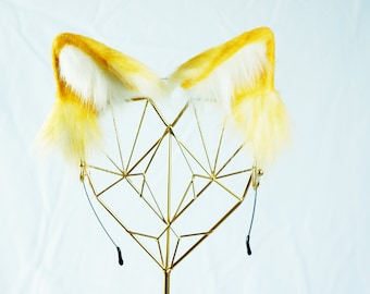 yellow and white cat ears cosplay ears anime ears headband fake fur ears faux fur ears furry fur ears kawaii KTcatvintage