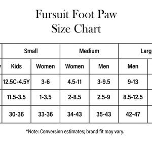 The image is a size chart for Fursuit Foot Paw footwear, providing size recommendations for different categories such as kids, women, men, and women.