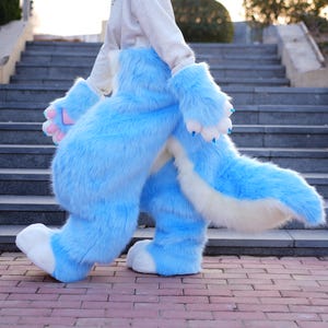 Full Fursuit Pants | Legs with Tail, Hand Feet Paws | Animal-Themed Event Fursona Costume Accessories |Pink & White Furry Cosplay Suit