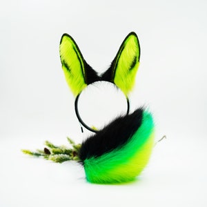 Black Elf green Bunny ears, Fluffy ears, ears heagband, petplay, custom ears, Faux Fur ears, furry gift, bunny ears, Rabbit Ears Headband,