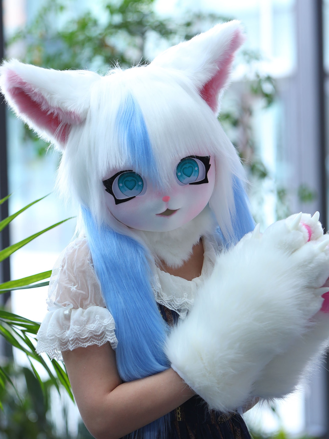 Costume Cute White Cat Kigurumi Fur Head Mask Furry White Cat Kigurumi ...