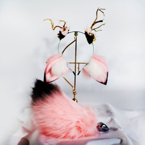 pink deer ears and tail, pink deer ears and antlers, Christmas Holiday Antler Flower Headband, Winter Whites, Pinecones, deer ears headband