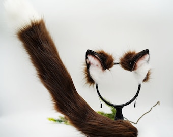Brown Anime cosplay ear,Kawaii cat ear and tail, tail  , faux fur bunny ears,   ears headband,   fluffy ears, costume animal ears,