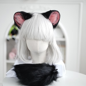 Fursuit Ear Headband with Tail, Faux Fur, Cat /Bunny/Fox/Bear ear, Rabbit Tail, Kawaii Cosplay, Black & pink, Festival Gear, Furry Gift