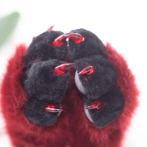 May include: Close-up of a pair of plush black paws with red claws. The paws are surrounded by red fur. The claws are translucent and pointed, giving a fierce appearance.
