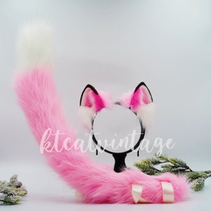 Pink Furry Cosplay Costume Ears headband and tail set, Faux Fur Cute Ears Fur Tails, Cosplay  Animal Tails, Costume  Fursuit Faux Fur Tails