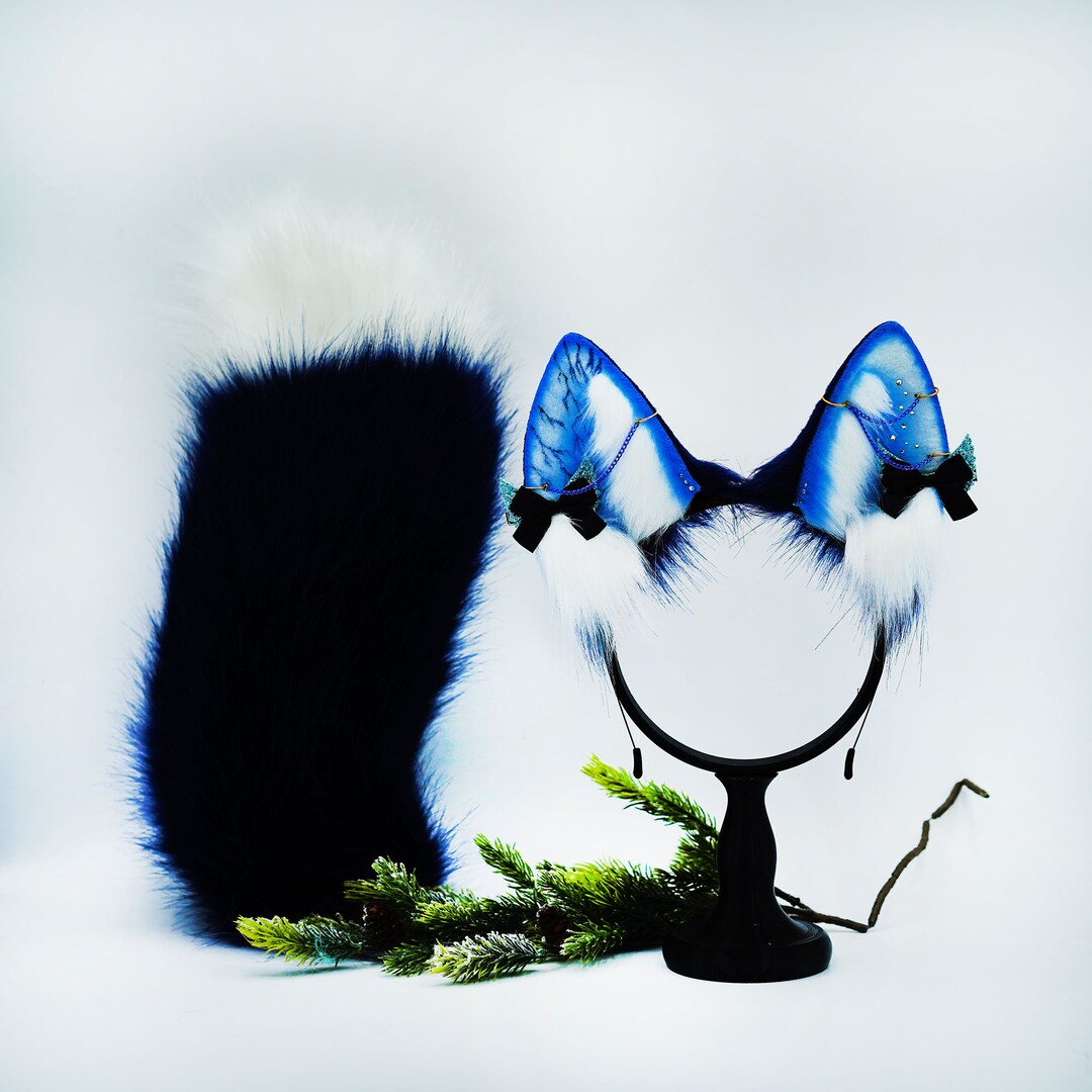 Fox Ears Fur Cosplay Animal Furry, Blue Lightning Shepherd Ears and Tail Plug, Puppy Ear