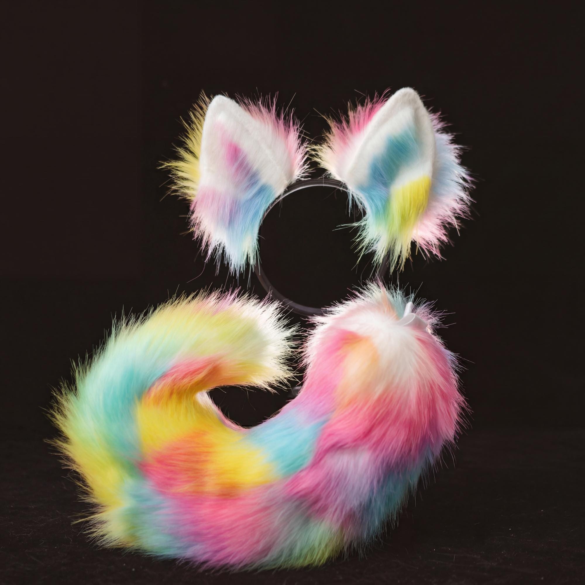 Rainbow Furry Cosplay Ears and Tail Set - Posable Faux Fur Anime ...