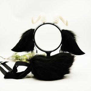 4.7&quot;Cute Black sheep ears with horn, faux ears, White antler, sheep horn, goat horn, Black animal ears headband,Cosplay ear, goat ears