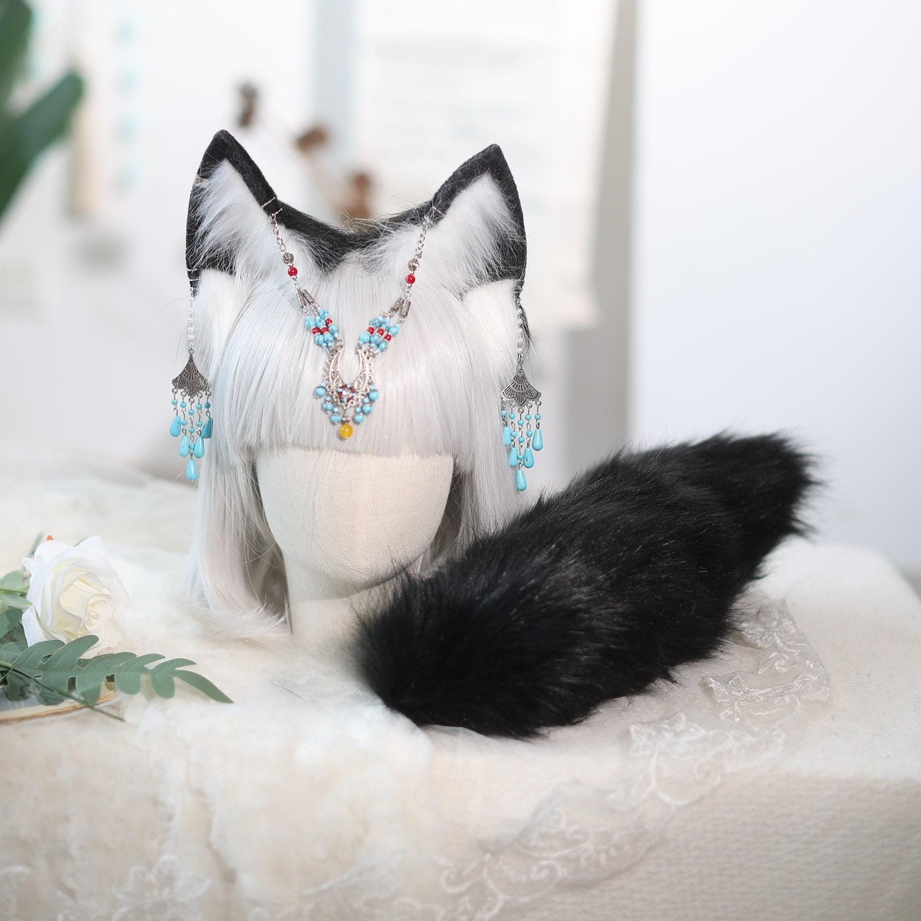 Fox Wolf Ears And Tail Set With LED Lights - Handmade Cosplay Costume For Halloween & Anime Parties