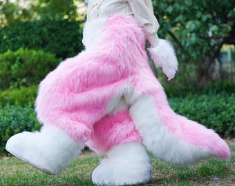 ¡Adopta! Pantalones de traje de piel rosa y blanco, traje de piel personalizado para convención peluda, traje de piel con patas, cola y mano, encargo de arte peludo, traje de piel con patas y cola.