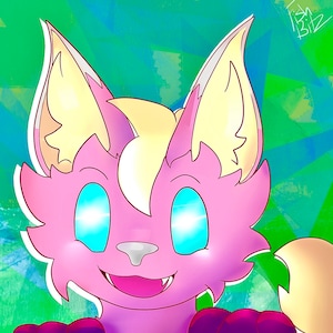 Pu&ograve; includere: Una creatura pelosa rosa con grandi occhi blu brillanti e un ampio sorriso. La creatura ha grandi orecchie appuntite con una tinta gialla. Lo sfondo &egrave; un design astratto colorato.