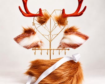 Handgemaakte set met hertenhoorns, oren en staart, fursuit met boshertje en kemono-hoofdband, fluwelen rendierhoorns voor cosplay, kerstkostuum met bosgeestmotief