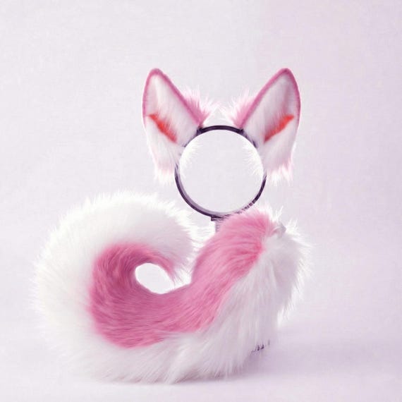 Pink Puppy Ears and Tail Set, Realistic Therian Gear Pastel, Faux Fur Canine Headband for Furry Cosplay and Feral Roleplay