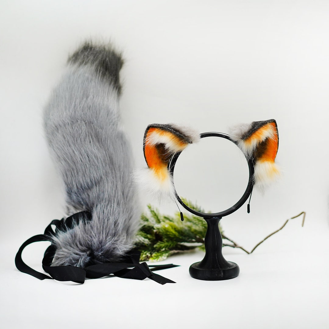 Grey Cat Ears and Tail, Faux Fur Ears, Cat Ears, Tail Plug, Ears