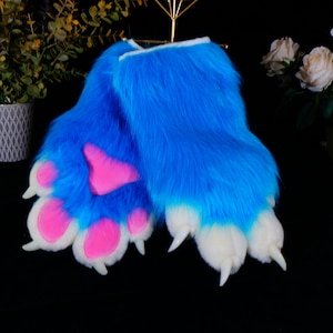tropical blue fursuit paws, paws custom, white finger and pink pad, petplay, cat paws, furry, puppy paws, animal paws