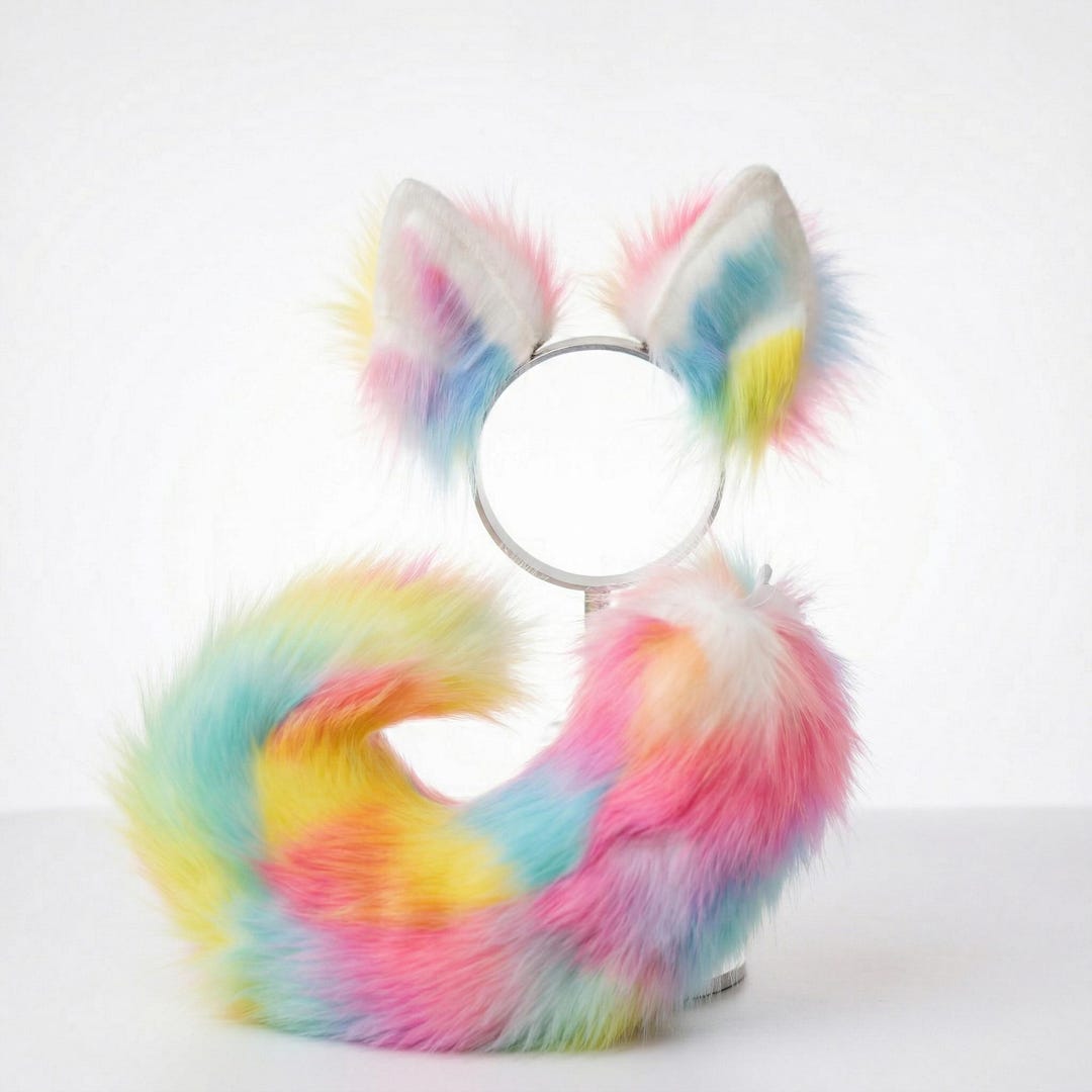 Rainbow Furry Cosplay Ears and Tail Set - Posable Faux Fur Anime ...