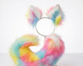 Rainbow Furry Cosplay Ears and Tail Set - Posable Faux Fur Anime Kemonomimi Accessory